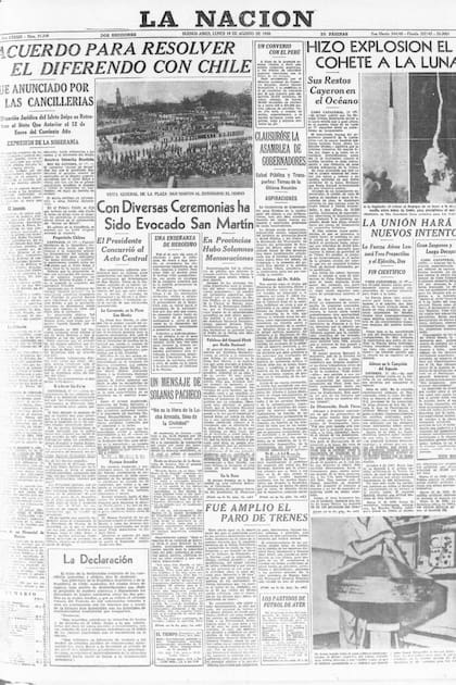 La Nación anunciaba el acuerdo entre los gobiernos de la Argentina y Chile para superar el incidente Snipe el 18 de agosto de 1958