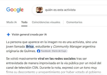 LA NACION también probó utilizar la búsqueda de Google y le apareció otro nombre de un civil con sus datos y redes: una estudiante y community manager oriunda de Quilmes