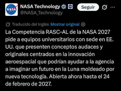 La NASA aclaró que la convocatoria estará abierta hasta el 24 de febrero de 2027