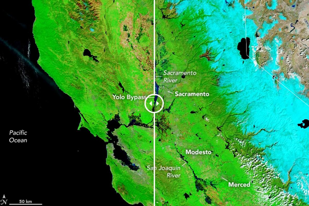 La NASA hizo una comparación de las vistas espaciales de Sacramento y la Bahía de California tras las inundaciones registradas en el estado