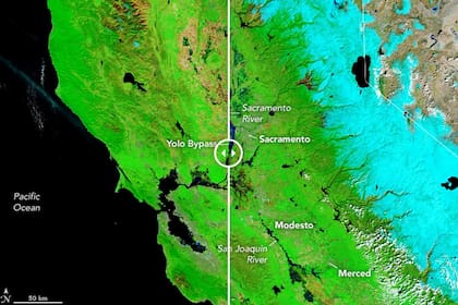 La NASA hizo una comparación de las vistas espaciales de Sacramento y la Bahía de California tras las inundaciones registradas en el estado