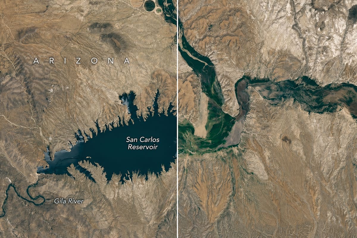 La NASA mostró el antes (de 2023) y el después (2026) del embalse San Carlos y el río Gila