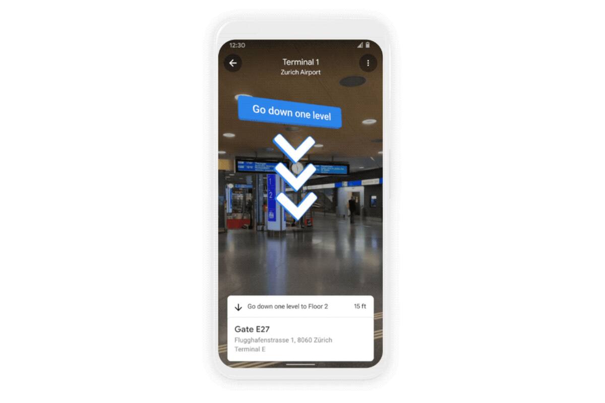 La navegación guiada para peatones Live View de Google Maps ahora se puede utilizar en algunos entornos bajo techo, como centros comerciales en Estados Unidos y en aeropuertos y estaciones de tránsito de ciudades como Zurich y Tokio