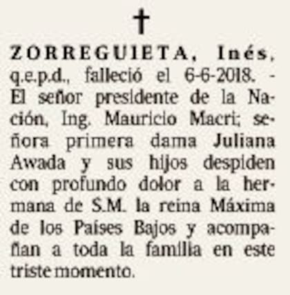 La necrológica salió publicada hoy en LA NACION
