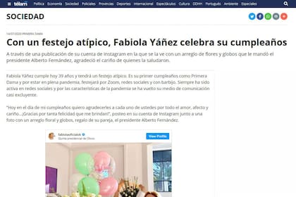 La nota de la agencia Télam sobre el cumpleaños de Fabiola Yañez.