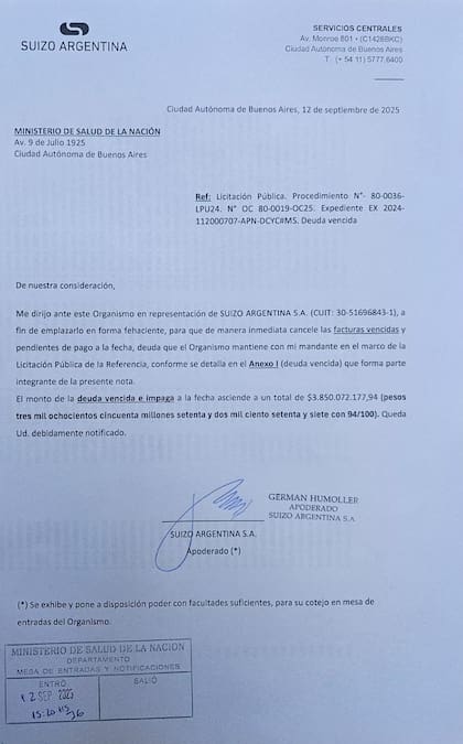 La nota de la droguería Suizo Argentina al Ministerio de Salud