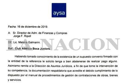 La nota en la que Galmarini pide que no se efectúe el pago de la factura a favor de Boca