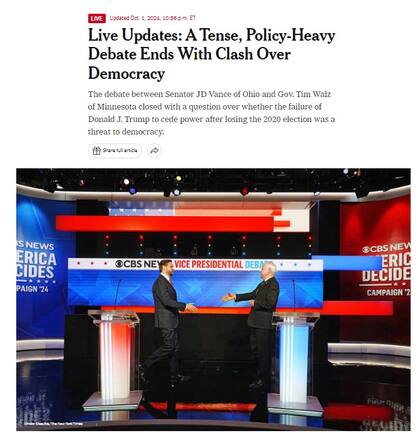 La nota principal de The New York Times sobre el debate vicepresidencial