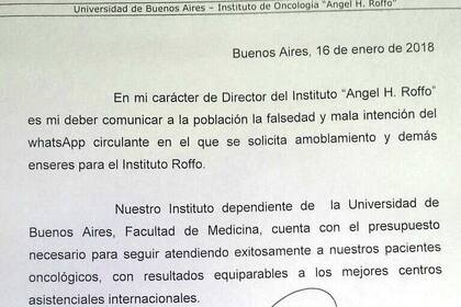 La nota que difundió el director del hospital Roffo