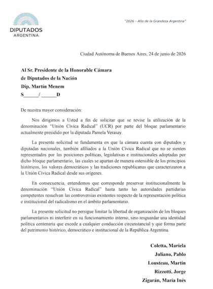 La nota que presentaron los diputados radicales de Provincias Unidas para que se revise el uso del nombre UCR por parte del bloque de Verasay