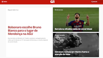 La noticia de la salida de Messi en la página principal del sitio G1, uno de los más leídos de Brasil.
