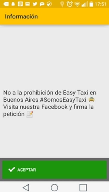La notificación enviada por Easy Taxi a los usuarios de la aplicación móvil