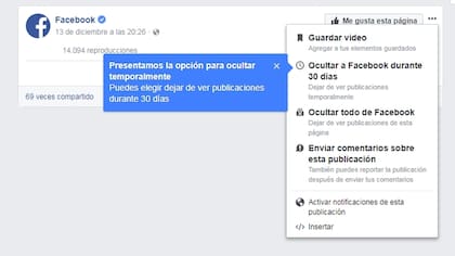 La nueva alternativa de silenciar a un usuario de Facebook por un mes