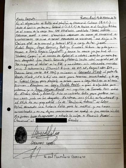 La nueva carta de Fernando Sabag Montiel, el hombre acusado de haber intentado matar a la vicepresidenta