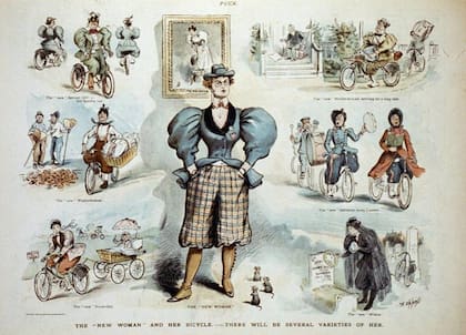 "La 'Nueva Mujer' y su bicicleta - hay varias variedades de ella", dice esta ilustración de Frederick Burr Opper, 1895.