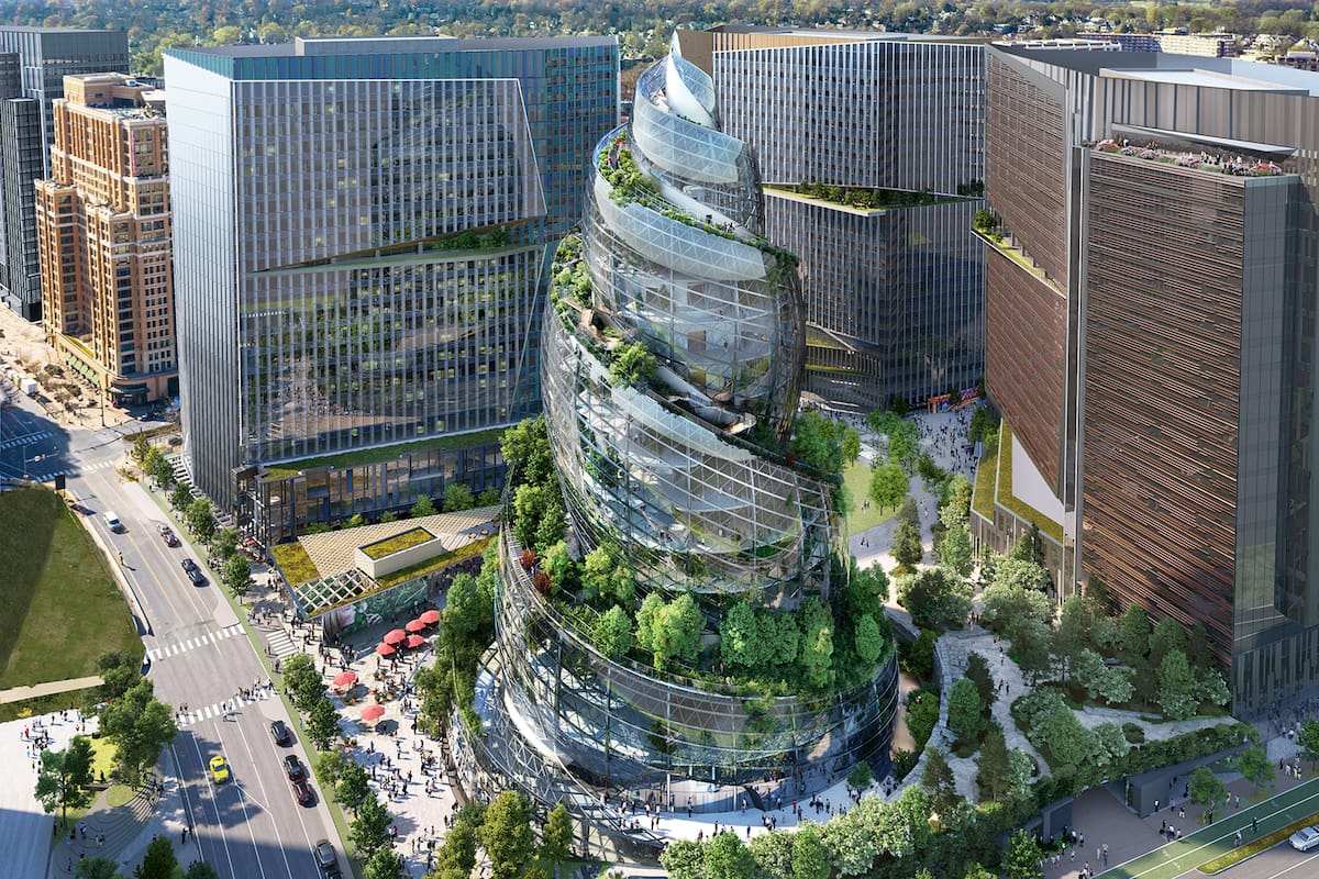 La nueva sede de Amazon fue diseñada por el estudio NBBJ como una torre de vidrio en forma de espiral llamada The Helix