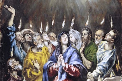 La obra representa al Espíritu Santo descendiendo en forma de lenguas de fuego sobre los apóstoles de Jesucristo