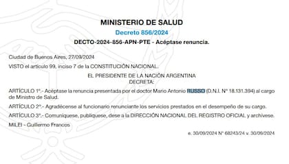 La oficialización de la salida de Mario Russo del Ministerio de Salud tras su renuncia. Decreto del Boletín Oficial