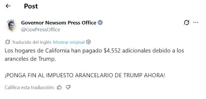 La oficina de Newsom asegura que los aranceles impuestos por Trump generaron un gasto adicional significativo de más de cuatro mil dólares por cada hogar en dicho estado