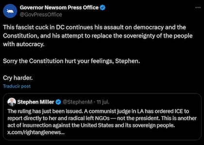 La oficina de prensa de Newsom llamó "facista cornudo" a Stephen Miller