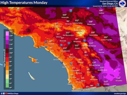 La oficina de San Diego prevé un comportamiento similar, con marcas de hasta 15 grados sobre el promedio y posibles avisos por calor para el fin de semana