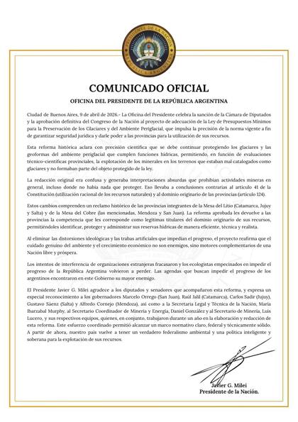 La Oficina del Presidente de la República Argentina difundió un comunicado oficial