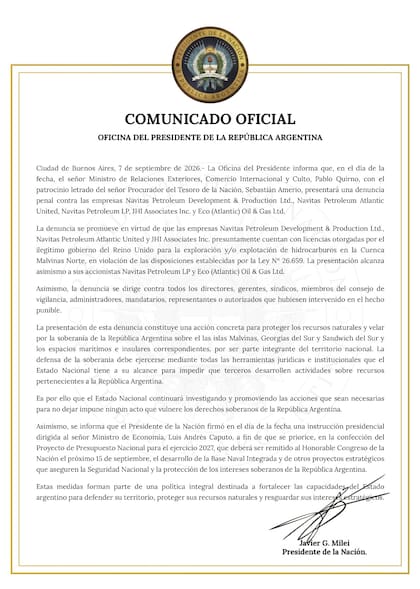 La Oficina del Presidente publicó un comunicado en el que se indica que Pablo Quirno denunciará penalmente a Navitas