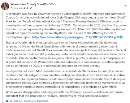 La oficina del sheriff emitió un comunicado donde explicó que eliminaron la publicación "para demostrar buena fe",