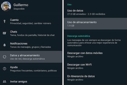 La opción Datos y almacenamiento, disponible dentro de la configuración de WhatsApp, indica cuánto espacio se está utilizando en el teléfono