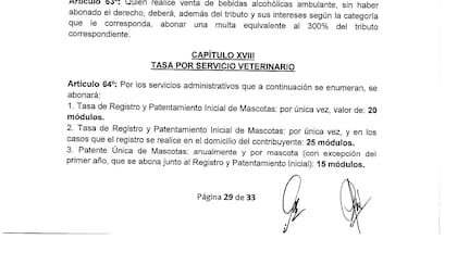 La ordenanza municipal donde figura la tasa por servicio veterinario