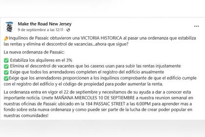 La organización impulsó la iniciativa en defensa de los derechos de los inquilinos de Nueva Jersey