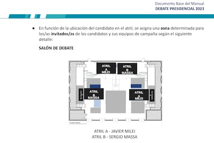 La página 17 del reglamento del debate, en la que se establece la ubicación del público de acuerdo al sorteo de los atriles que ocuparía cada candidato