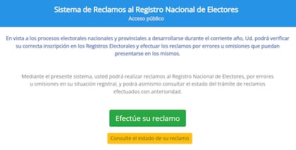 La página de la Cámara Nacional Electoral permite empezar un nuevo reclamo y también verificar el estado de uno efectuado previamente