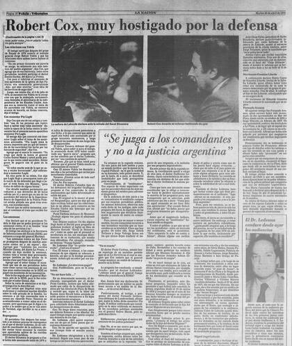 La página de LA NACION con la nota con los testimonios de Adriana Calvo de Laborde y Robert Cox (ambos, en las fotos); la cobertura estuvo a cargo de Martín Carrasco Quintana