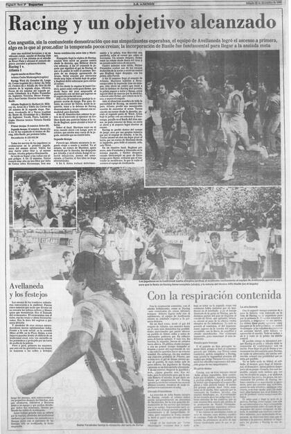 La página de LA NACION el día después del regreso de Racing a primera división