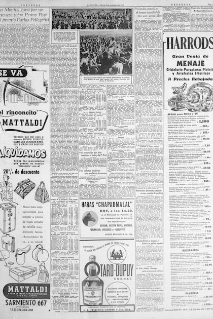 La página de LA NACION que refleja la crónica del Pellegrini de 1949