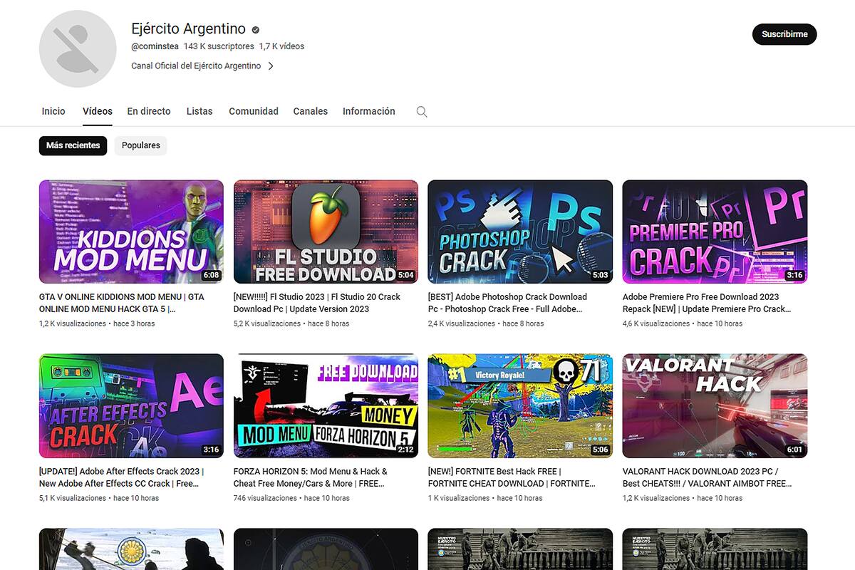La página de YouTube del Ejército Argentino, que apareció hackeada