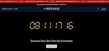 La página oficial de la Casa Blanca actualmente muestra un conteo con el tiempo que ha durado el cierre de gobierno (The White House)