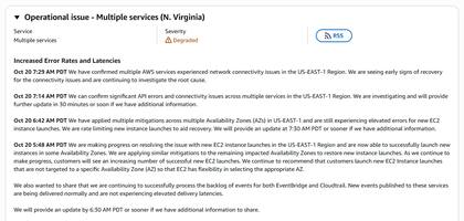 La página que reporta el estado de Amazon Web Services y la corrección de errores