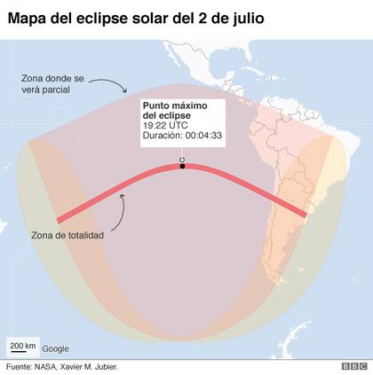 Mapa del eclipse solar del 2 de julio