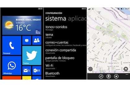 La pantalla de inicio con las baldosas activas; la herramienta de configuración, pura tipografía; los mapas de Nokia, disponibles sin conexión