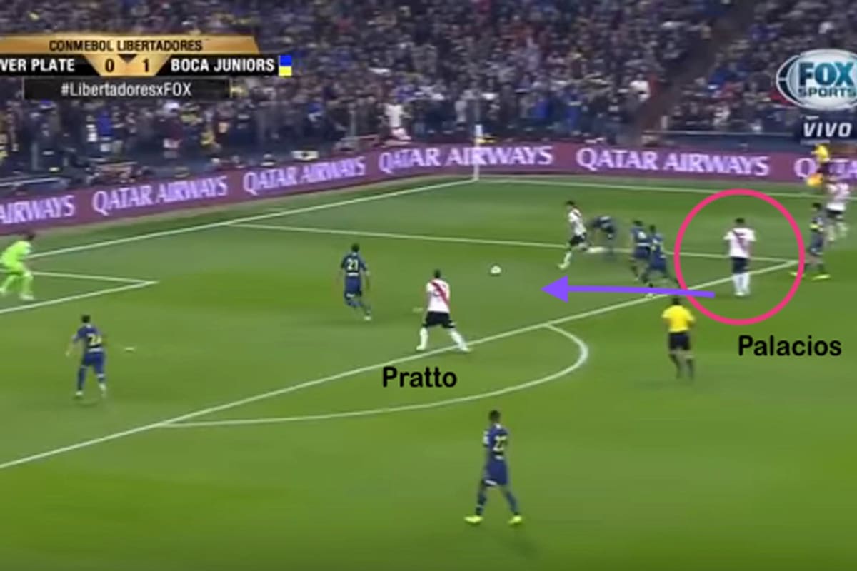 La pared entre Nacho Fernández y Palacios terminará con el centro atrás y el gol de Pratto a Boca en Madrid, por la Libertadores 2018