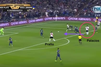 La pared entre Nacho Fernández y Palacios terminará con el centro atrás y el gol de Pratto a Boca en Madrid, por la Libertadores 2018
