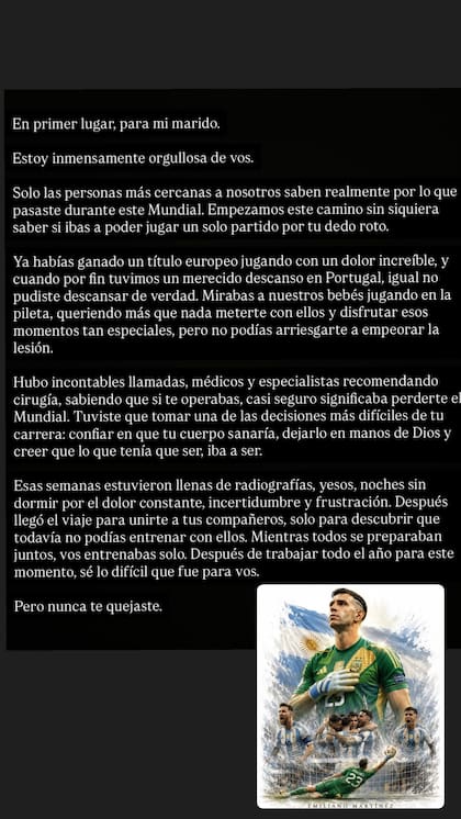 La pareja de Dibu Martínez, Mandinha, contó detalles de cuánto sufrió el arquero por la lesión en su mano