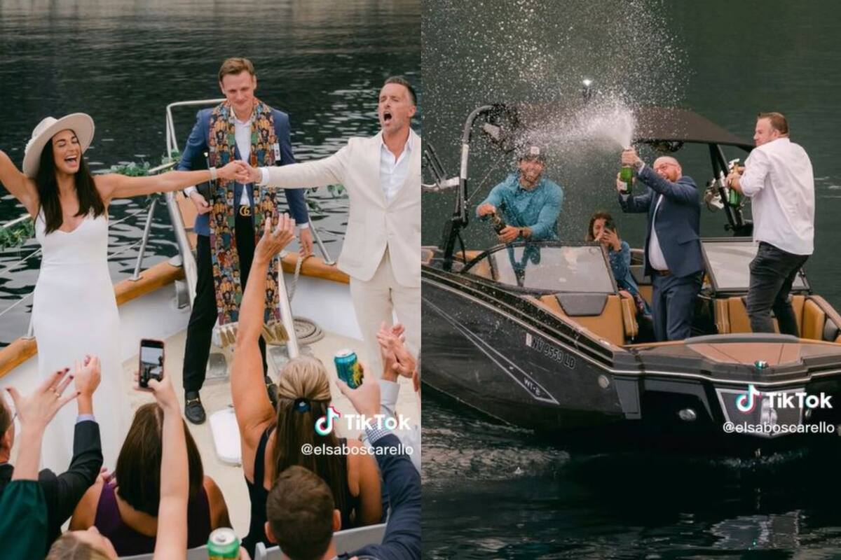 La pareja de novios fue sorprendida de la mejor manera por un grupo de amigos que había quedado fuera de la ceremonia por un tema de espacio