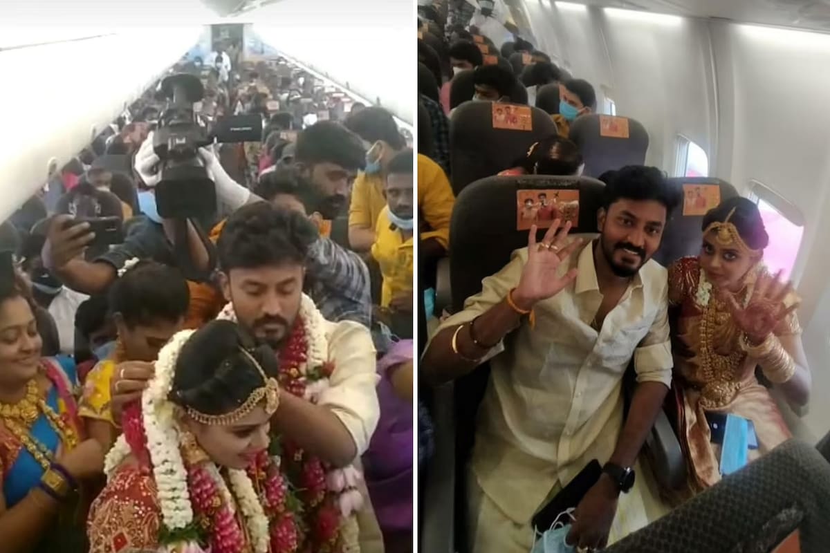 La pareja dijo “sí, quiero” el domingo, cuando el avión de la compañía SpiceJet sobrevolaba el templo de Minakshi