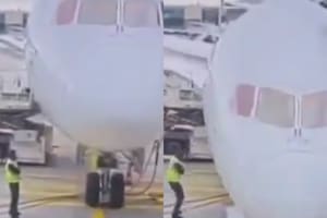 El momento exacto en que colapsó la parte delantera de un avión cuando estaba por salir en el aeropuerto de Frankfurt