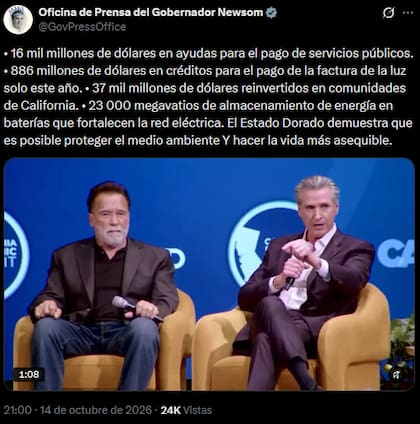 La participación conjunta del republicano Arnold Schwarzenegger y del actual gobernador demócrata Gavin Newsom ofreció un gesto de unidad partidaria