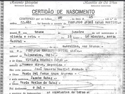 La partida de nacimiento de Fernando Andrés Sabag Montiel, el hombre que le apuntó con un arma en la cabeza a la vicepresidenta Cristina Kirchner
