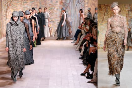 La pasarela de Christian Dior. María Grazia Chiuri puso en valor la dimensión artesanal de la alta costura y la cadena invisible de personas que hacen posible este fabuloso arte. Inspirada por las largas camintas que nos salvaron durante el lockdown, la italiana hizo foco en el día y presentó una serie de tapados y capas de tweed (izquierda), que contrastaban, de manera equilibrada, con los vestidos, fluidos y livianos (derecha).